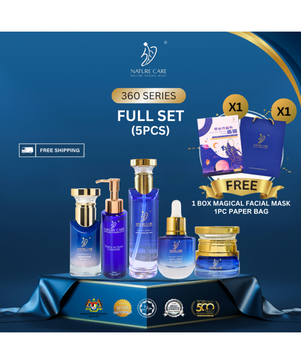 FULL SET 5PCS RM838  (GEL CLEAN 1PC+ROSE MIST 1PC+OIL SERUM 30ML 1PC+ESSENCE 30ML 1PC+SUNSCREEN 1PC FOC :MAGICAL MASK 1BOX & PAPER BAG 1PC)